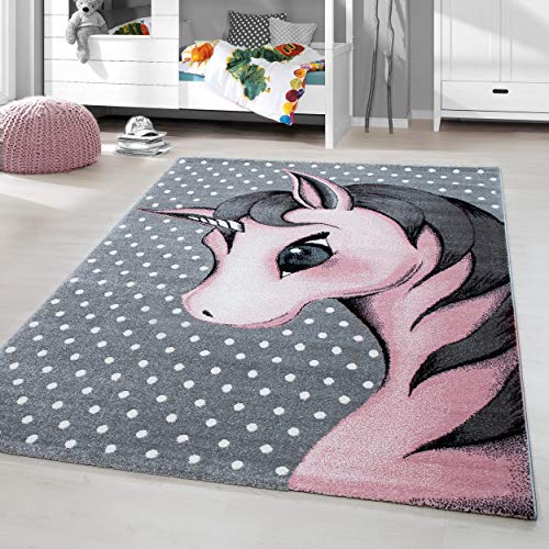 HomebyHome Kinderteppich Rosa 120 cm Rund Einhorn Design Kleiner Mädchen Teppich Kinderzimmer Kurzflor Teppich Extra Weich Antiallergen Babyzimmer Teppich von HomebyHome