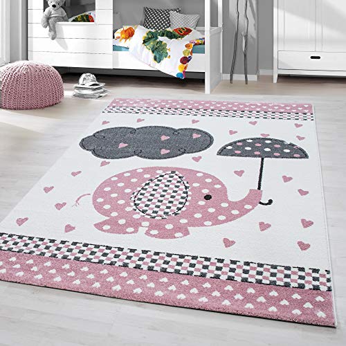 HomebyHome Kinderteppich Rosa 120x170 cm Elefanten mit Regenschirm Kleiner Mädchen Teppich Kinderzimmer Kurzflor Teppich Extra Weich Antiallergen Babyzimmer Teppich von HomebyHome