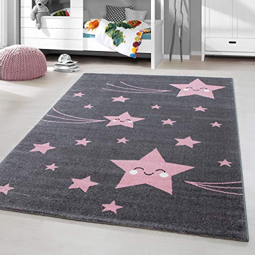 HomebyHome Kinderteppich Rosa Grau 140x200 cm Niedliches Sternenmuster Kleiner Mädchen Teppich Kinderzimmer Kurzflor Teppich Extra Weich Antiallergen Babyzimmer Teppich von HomebyHome
