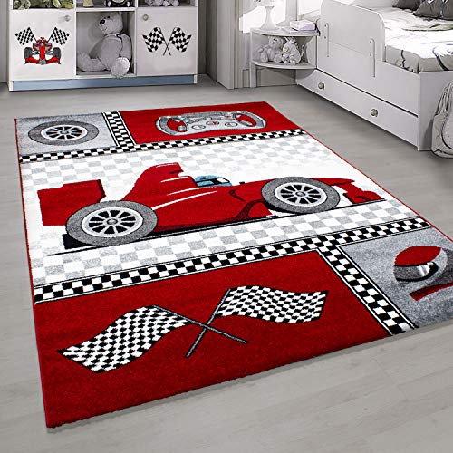 HomebyHome Kinderteppich Rot 200x290 cm Rennwagenmuster - Großer Jungen Teppich Kinderzimmer Kurzflor Extra Weich Antiallergen Babyzimmer von HomebyHome