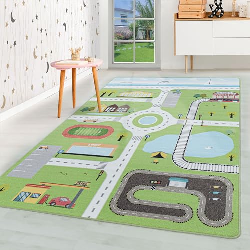 HomebyHome Kinderteppich Strasse Verkehr Design Grün 100x150 cm - Kurzflor Teppich Kinderzimmer Rechteckig Extra Weich Antiallergen Washbar - Babyzimmer Teppich für Junge Spielteppich Babyteppich von HomebyHome