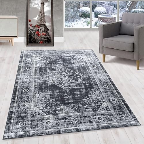 HomebyHome Kurzflor Teppich Wohnzimmer 140x200 cm, Vintage und Klassisches, in Schwarz und Grau - Orient Teppich, rutschfest, Waschbar und Weich - Ideal für Schlafzimmer, Esszimmer, Küche von HomebyHome