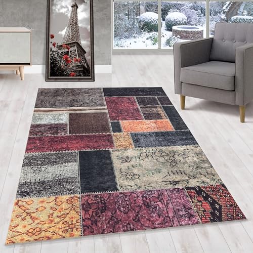 HomebyHome Kurzflor Teppich Wohnzimmer 200x300 (200x290 cm), Vintage und Kariert Design, in Bunt - Orient Teppich, rutschfest, Waschbar und Weich - Ideal für Schlafzimmer, Esszimmer, Küche von HomebyHome