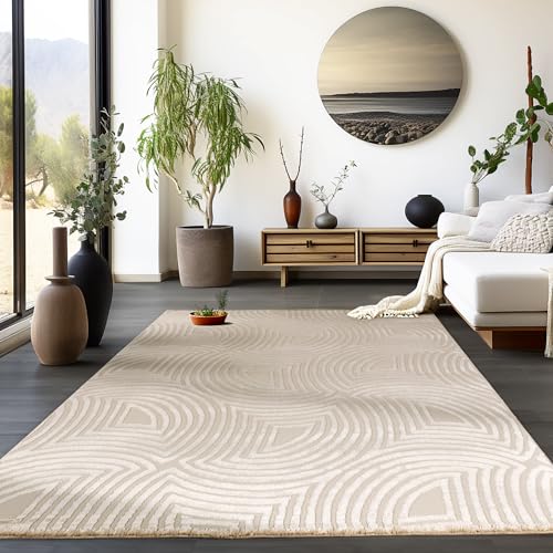 HomebyHome Kurzflor Teppich Wohnzimmer Beige 3D Skandinavisches Stil Modern Tepich Groß 280 x 370 cm - Boho Schlafzimmer Küchenteppich Waschbar Boho Muster Weicher Wohnzimmerteppich von HomebyHome