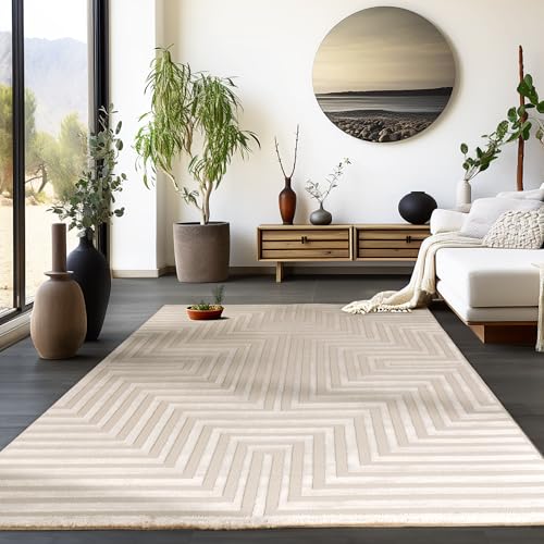 HomebyHome Kurzflor Teppich Wohnzimmer Beige 3D Teppich Skandinavisches Stil Modern Teppiche 140 x 200 cm - Waschbarer Teppich Schlafzimmer Küchenteppich Geometrisch Design Weicher Wohnzimmerteppich von HomebyHome
