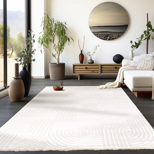 HomebyHome Kurzflor Teppich Wohnzimmer Creme 3D Teppich Skandinavisches Stil Modern Teppich Groß 280 x 370 cm - Boho Teppich Schlafzimmer Küchenteppich Waschbar Boho Design Weicher Wohnzimmerteppich von HomebyHome