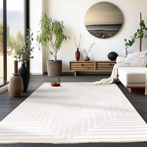 HomebyHome Kurzflor Teppich Wohnzimmer Creme 3D Teppich Skandinavisches Stil Modern Teppiche 120 x 170 cm - Waschbarer Teppich Schlafzimmer Küchenteppich Geometrisch Design Weicher Wohnzimmerteppich von HomebyHome