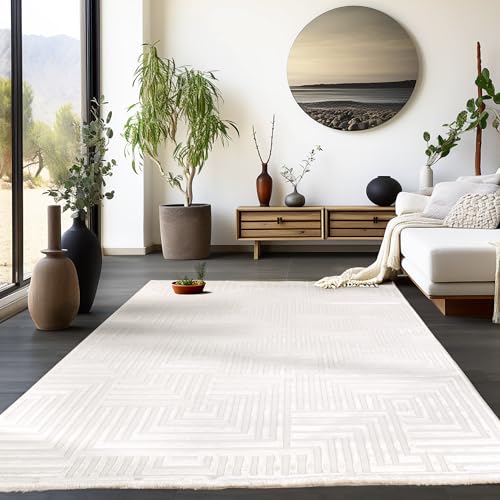 HomebyHome Kurzflor Teppich Wohnzimmer Creme 3D Teppich Skandinavisches Stil Modern Teppiche 140 x 200 cm - Waschbarer Teppich Schlafzimmer Küchenteppich Geometrisch Design Weicher Wohnzimmerteppich von HomebyHome