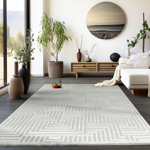 HomebyHome Kurzflor Teppich Wohnzimmer Grau 3D Skandinavisch Stil Modern Groß 280 x 370 cm - Waschbarer Schlafzimmer Küchenteppich Geometrisch Design Weicher Wohnzimmerteppich von HomebyHome