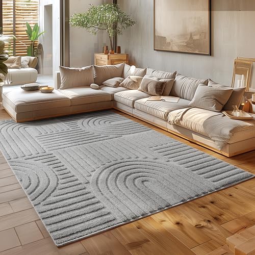 HomebyHome Kurzflor Teppich 300x400 (280x370 cm) Silber - Hoch-Tief 3D Effekt, Waschbar, Flauschig und Extra Weich - Skandinavisch Boho Muster für Wohnzimmer, Schlafzimmer und Esszimmer von HomebyHome