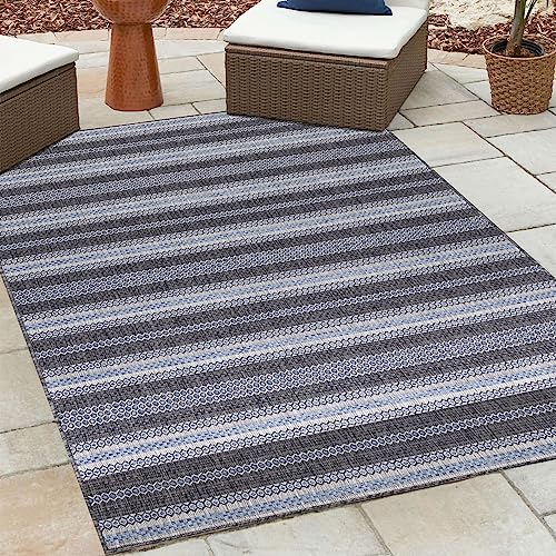 HomebyHome Outdoor Läufer Wetterfest 80x150 cm Sisal Optik Streifen Design Läufer Schwarz - Balkon Teppich Wasserfest Wascbarer Küchenläufer - Für Garten, Terasse, Camping, Außen, Balcony Carpet von HomebyHome