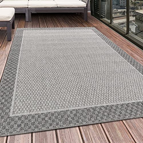 HomebyHome Outdoor Teppich Grau 160x230 cm für Küche, Terrasse, Balkon, Garten, Camping sowie Wohnzimmer und Schlafzimmer - Bordüre Design, Polypropylen, 7 mm Flachgewebt, Pflegeleicht von HomebyHome
