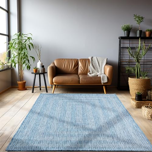 HomebyHome Outdoor Teppich Wetterfest 120x170 cm Sisal Optik Blau Bordüre Design Rechteckig - Balkon Teppich Wasserfest Küchenteppich Außenbereich Teppich für Terrasse Garten Balkon von HomebyHome