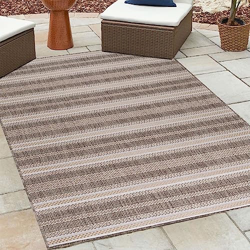 HomebyHome Outdoor Teppich Wetterfest 120x170 cm Sisal Optik Streifen Design Rechteckig Beige - Balkon Teppich Wasserfest Wascbarer Küchenteppich - Für Garten, Terasse, Camping, Außen, Balcony Carpet von HomebyHome