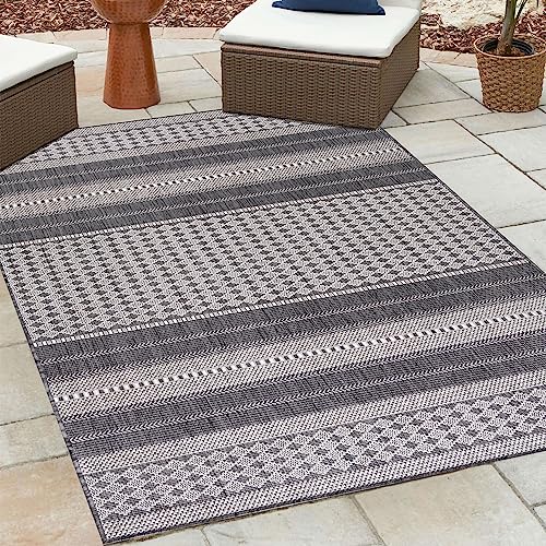 HomebyHome Outdoor Teppich Wetterfest 120x170 cm Sisal Optik Streifen Design Rechteckig Beige - Balkon Teppich Wasserfest Wascbarer Küchenteppich - Für Garten, Terasse, Camping, Außen, Balcony Carpet von HomebyHome