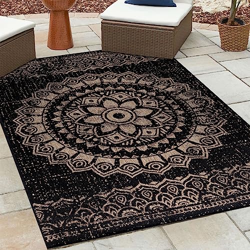 HomebyHome Outdoor Teppich Wetterfest 120x170 cm Sisal Optik Streifen Design Rechteckig Schwarz - Balkon Teppich Wasserfest Küchenteppich - Für Garten, Terasse, Camping, Außenbereich Teppich von HomebyHome