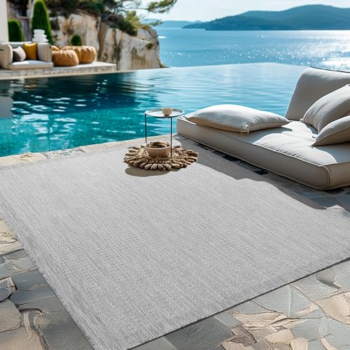 HomebyHome Outdoor-Teppich Flachgewebe Wetterfest Einfarbig Grau Küchenteppich, Balkon Terrassen Garten Wohnzimmer Teppich 140 x 200 cm von HomebyHome