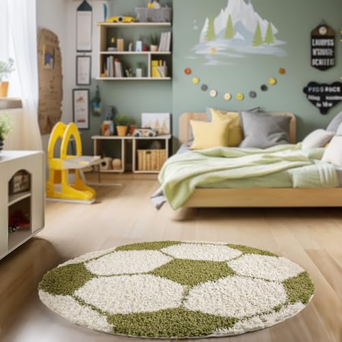 HomebyHome Runder Kinderteppich Hochflor Langflor Shaggy Fusball Basketball Design Kinderzimmer Babyzimmer Spielzimmer 30 mm Florhöhe Flauschig Weich Rund, Farbe:Grün, Grösse:100 cm Rund von HomebyHome