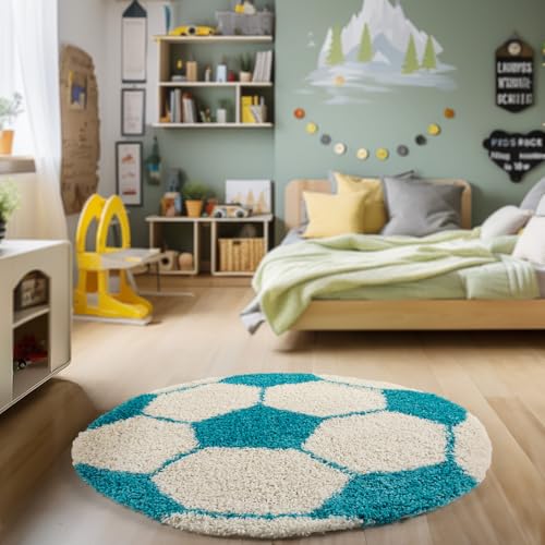 HomebyHome Runder Kinderteppich Hochflor Langflor Shaggy Fusball Basketball Design Kinderzimmer Babyzimmer Spielzimmer 30 mm Florhöhe Flauschig Weich Rund, Farbe:Türkis, Grösse:100 cm Rund von HomebyHome