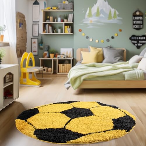 HomebyHome Runder Kinderteppich Hochflor Langflor Shaggy Fusball Design Kinderzimmer Babyzimmer Spielzimmer 30 mm Florhöhe Flauschig Weich Rund, Farbe:Gelb, Grösse:100 cm Rund von HomebyHome