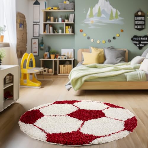HomebyHome Runder Kinderteppich Hochflor Langflor Shaggy Fusball Design Kinderzimmer Babyzimmer Spielzimmer 30 mm Florhöhe Flauschig Weich Rund, Farbe:Rot, Grösse:120 cm Rund von HomebyHome