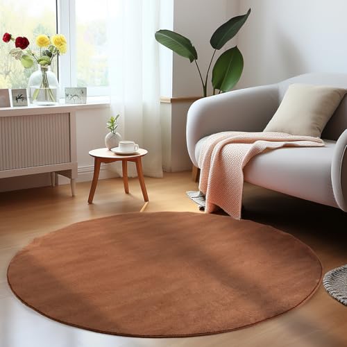 HomebyHome Runder Teppich 160 cm Rund Braun Waschbarer Kurzflor Teppiche Einfarbig Moderne Design - Küchenteppich Waschbar rutschfest Extra Weich Flauschiger Teppiche für Schlafzimmer Kinderzimmer von HomebyHome