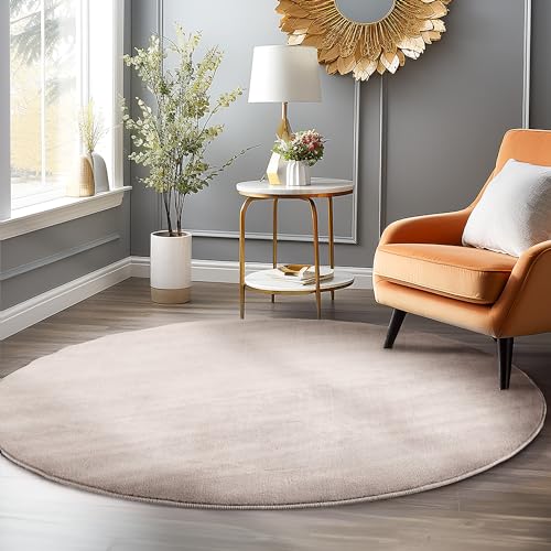 HomebyHome Runder Teppich 200 cm Rund Beige Waschbarer Kurzflor Teppiche Einfarbig Moderne Design - Küchenteppich Waschbar rutschfest Extra Weich Flauschiger Teppiche für Schlafzimmer Kinderzimmer von HomebyHome