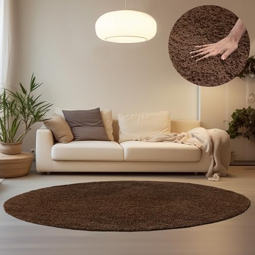 HomebyHome Teppich Wohnzimmer Shaggy Hochflor Braun 120 cm Rund Einfarbig Design - Flauschiger Teppich Schlafzimmer Moderne Extra Weich Pflegeleicht im 14 Farben - Carpet Living Room von HomebyHome