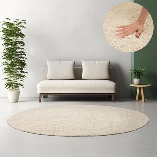 HomebyHome Teppich Wohnzimmer Shaggy Hochflor Creme 120 cm Rund Einfarbig Design - Flauschiger Teppich Schlafzimmer Moderne Extra Weich Pflegeleicht im 14 Farben - Carpet Living Room von HomebyHome