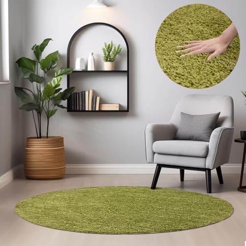 HomebyHome Teppich Wohnzimmer Shaggy Hochflor Grün 200 cm Rund Einfarbig Design - Flauschiger Teppich Schlafzimmer Moderne Extra Weich Pflegeleicht im 14 Farben - Carpet Living Room von HomebyHome