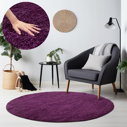 HomebyHome Teppich Wohnzimmer Shaggy Hochflor Lila 80 cm Rund Einfarbig Design - Flauschiger Teppich Schlafzimmer Moderne Extra Weich Pflegeleicht im 14 Farben - Carpet Living Room von HomebyHome