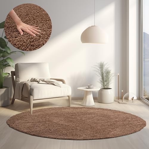HomebyHome Teppich Rund Hochflor 80 cm Rund - Shaggy Runder Teppich Wohnzimmer Mokka Extra Weich und Flauschig - Waschbarer Langflor Teppiche für Schlafzimmer, Küche, Flur - Carpet, Halı, Kilim von HomebyHome