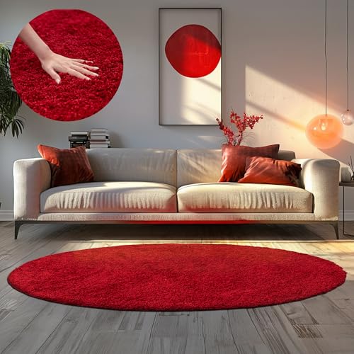 HomebyHome Teppich Wohnzimmer Shaggy Hochflor Rot 120 cm Rund Einfarbig Design - Flauschiger Teppich Schlafzimmer Moderne Extra Weich Pflegeleicht im 14 Farben - Carpet Living Room von HomebyHome