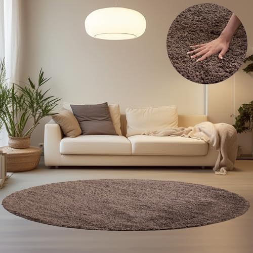 HomebyHome Teppich Wohnzimmer Shaggy Hochflor Taupe 160 cm Rund Einfarbig Design - Flauschiger Teppich Schlafzimmer Moderne Extra Weich Pflegeleicht im 14 Farben - Carpet Living Room von HomebyHome