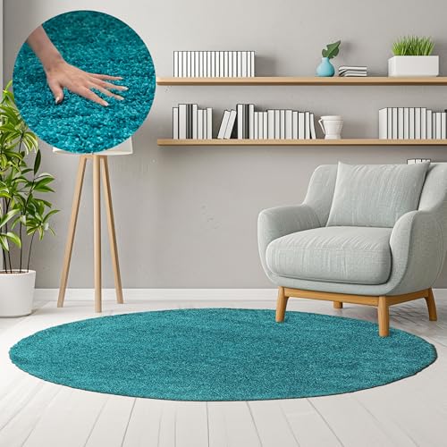 HomebyHome Teppich Wohnzimmer Shaggy Hochflor Türkis 160 cm Rund Einfarbig Design - Flauschiger Teppich Schlafzimmer Moderne Extra Weich Pflegeleicht im 14 Farben - Carpet Living Room von HomebyHome