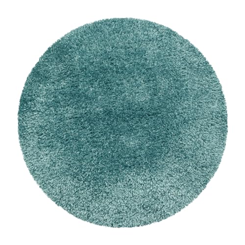 HomebyHome Runder Teppich Hochflor Langflor Shaggy Einfarbig Design Esszimmer Flur Wohnzimmer 50 mm Florhöhe Flauschig Weich Glanz Garn Rund, Farbe:Aqua, Grösse:80 cm Rund von HomebyHome