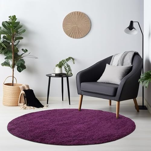 HomebyHome Shaggy Teppich Wohnzimmer Runder Flauschiger Teppich Lila 160 cm Rund Einfarbig - Hochflor Teppich Schlafzimmer Pflegeleicht und Schmutzabweisend Modern Langflor Teppich Weich Plüsch Halı von HomebyHome