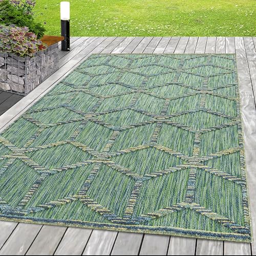 HomebyHome Teppich Flachgewebt 3D Effekt Boho Design Terasse Balkon Garten Küche Camping 8 mm Florhöhe Indoor Outdoor Wetterfest Rechteckig Läufer Grün, Farbe:Grün, Grösse:140x200 cm von HomebyHome