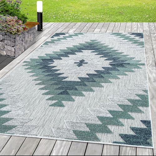 HomebyHome In & Outdoor Wetterfest 200x300 (200x290 cm) Blau, Zickzack Design 3D Effekt - Balkon Teppich Wasserfest, Kurzflor, Flachgewebt - Ideal für Küche, Garten, Camping und Terrasse von HomebyHome