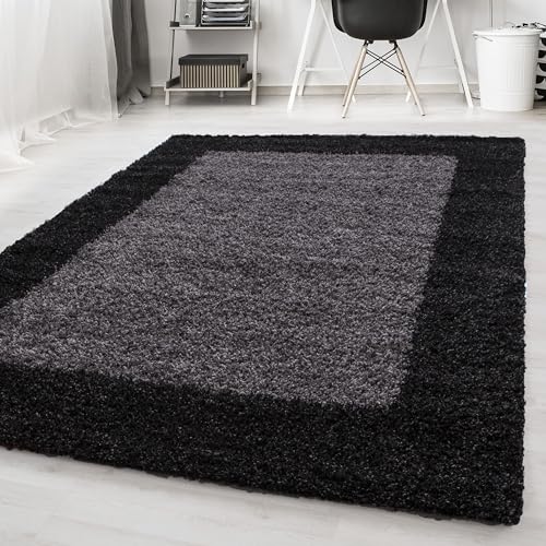 HomebyHome Teppich Wohnzinmer Shaggy Hochflor Anthrazit Läufer 80x150 cm Bordüre Läufer Flur - Flauschiger Teppich Schlafzinmer Moderne Extra Weich Pflegeleicht in 6 Farben - Carpet Living Room von HomebyHome