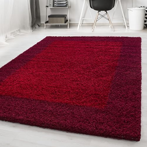 HomebyHome Teppich Wohnzinmer Shaggy Hochflor Rot Rechteckig 240x340 cm Bordüre Design - Flauschiger Teppich Schlafzinmer Moderne Extra Weich Pflegeleicht in 6 Farben - Carpet Living Room von HomebyHome