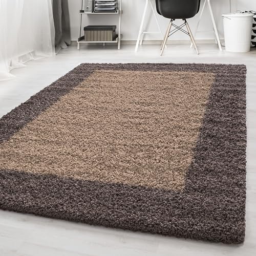 HomebyHome Teppich Wohnzinmer Shaggy Hochflor Taupe Rechteckig 200x290 cm Bordüre (200x300 cm) - Flauschiger Teppich Schlafzinmer Moderne Extra Weich Pflegeleicht 6 Farben - Carpet Living Room von HomebyHome