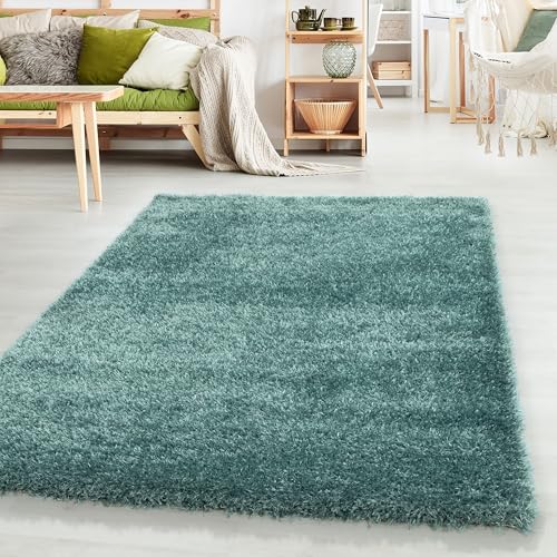 HomebyHome Teppich Wohnzimmer Hochflor Shaggy Aqua 120x170 cm 50 mm Florhöhe - Teppich Schlafzimmer Langflor Einfarbig Design Moderne und Extra Weich - Teppich Flauschig Läufer Flur Rechteckig von HomebyHome