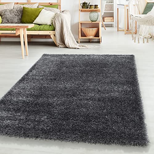 HomebyHome Teppich Hochflor Langflor Shaggy Einfarbig Design Wohnzimmer 50 mm Florhöhe Flauschig Weich Glanz Garn Rechteckig Rund Läufer, Farbe:Grau, Grösse:120 cm Rund von HomebyHome