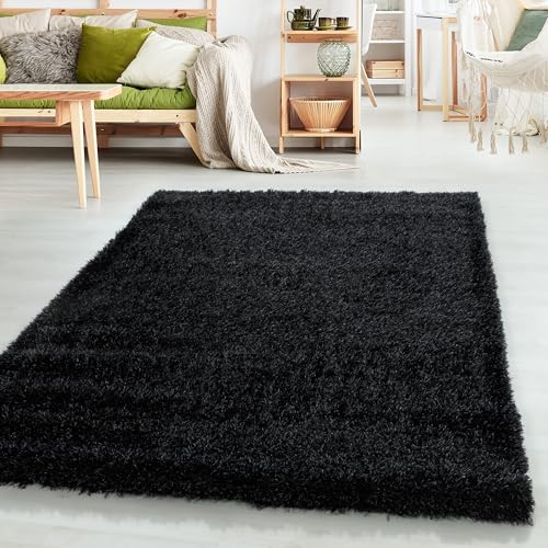 HomebyHome Teppich Wohnzimmer Hochflor Shaggy Schwarz 160x230 cm 50 mm Florhöhe - Teppich Schlafzimmer Langflor Einfarbig Design Moderne und Extra Weich - Teppich Flauschig Läufer Flur Rechteckig von HomebyHome