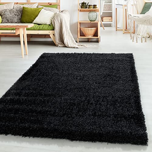 HomebyHome Teppich Wohnzimmer Hochflor Shaggy Schwarz 200x290 cm 50 mm Florhöhe - Teppich Schlafzimmer Langflor Einfarbig Design Moderne und Extra Weich - Teppich Flauschig Läufer Flur Rechteckig von HomebyHome