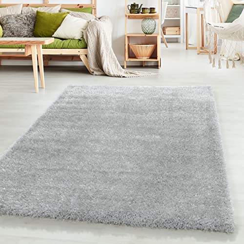 HomebyHome Teppich Wohnzimmer Hochflor Shaggy Silber 240x340 cm 50 mm Florhöhe - Teppich Schlafzimmer Langflor Einfarbig Design Moderne und Extra Weich - Teppich Flauschig Läufer Flur Rechteckig von HomebyHome