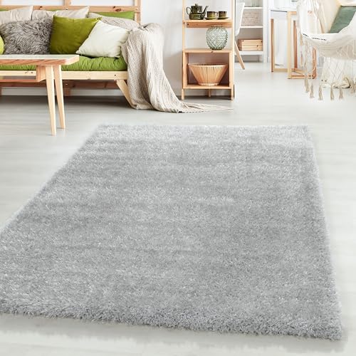 HomebyHome Teppich Wohnzimmer Hochflor Shaggy Silber 80x250 cm 50 mm Florhöhe - Teppich Schlafzimmer Langflor Einfarbig Design Moderne und Extra Weich - Teppich Flauschig Läufer Flur Rechteckig von HomebyHome