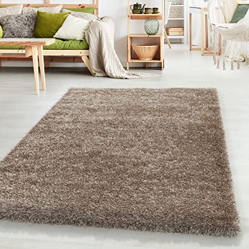 HomebyHome Teppich Wohnzimmer Hochflor Shaggy Taupe 140x200 cm 50 mm Florhöhe - Teppich Schlafzimmer Langflor Einfarbig Design Moderne und Extra Weich - Teppich Flauschig Läufer Flur Rechteckig von HomebyHome