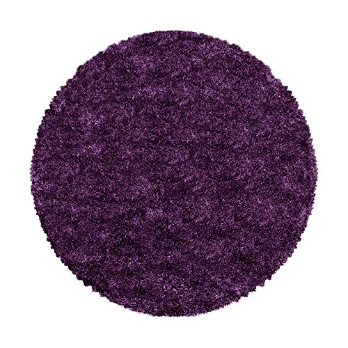 HomebyHome Teppich Hochflor Langflor Shaggy Einfarbig Design Wohnzimmer 50 mm Florhöhe Flauschig Weich Rechteckig Rund Läufer, Farbe:Lila, Grösse:160 cm Rund von HomebyHome